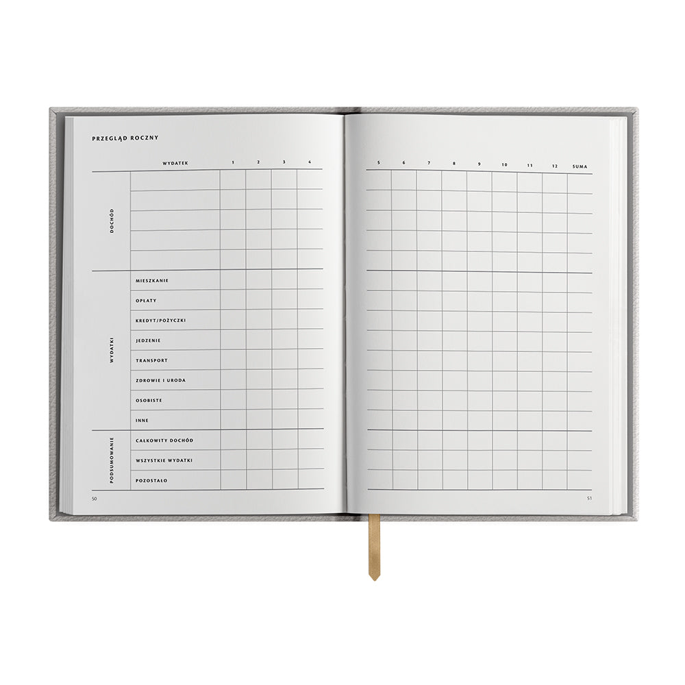 Widok planera finansowego z podsumowaniem rocznym i miejscem na analizę oszczędności