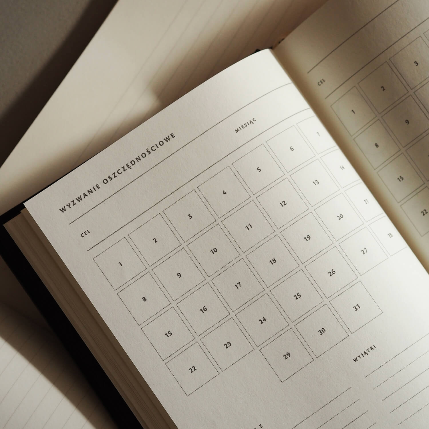 Wyzwanie oszczędnościowe w planerze finansowym - motywująca rozkładówka do codziennego odkładania i osiągania celów finansowych